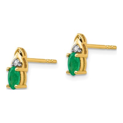 14K Yellow Gold Emerald & Diamond Oval May Stud Earrings – view 2