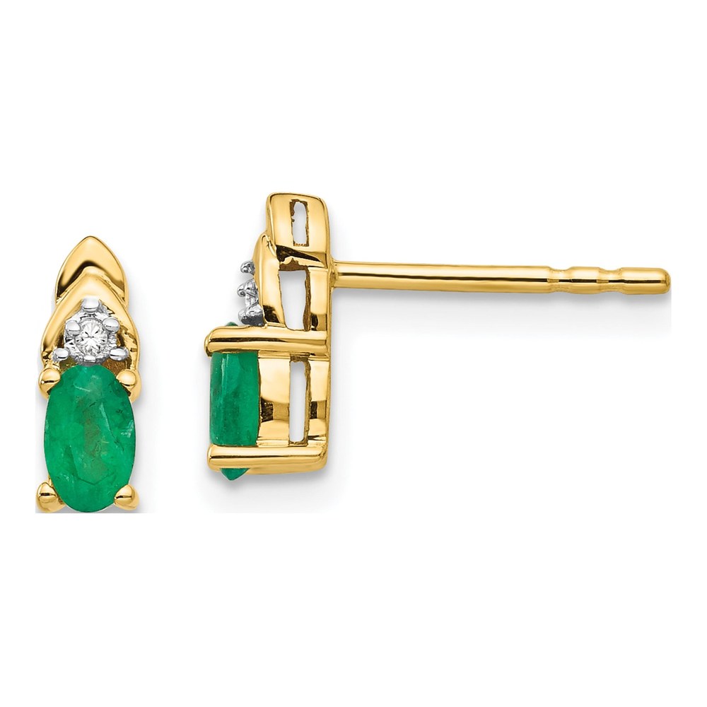 14K Yellow Gold Emerald & Diamond Oval May Stud Earrings