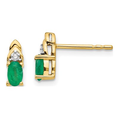 14K Yellow Gold Emerald & Diamond Oval May Stud Earrings
