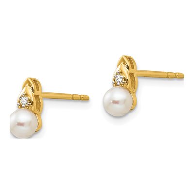 14K Yellow Gold 1mm Round Pearl & Diamond Stud Earrings – view 2