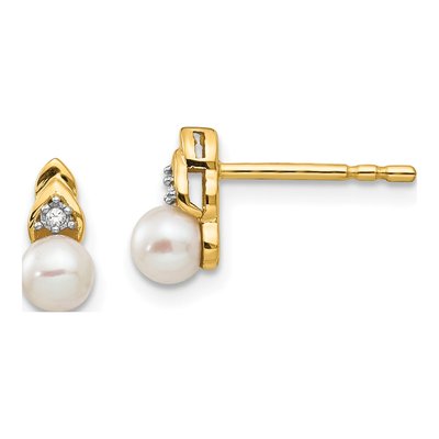 14K Yellow Gold 1mm Round Pearl & Diamond Stud Earrings