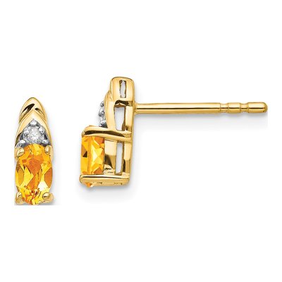 14K Yellow Gold Oval Citrine & Diamond November Birthstone Stud Earrings