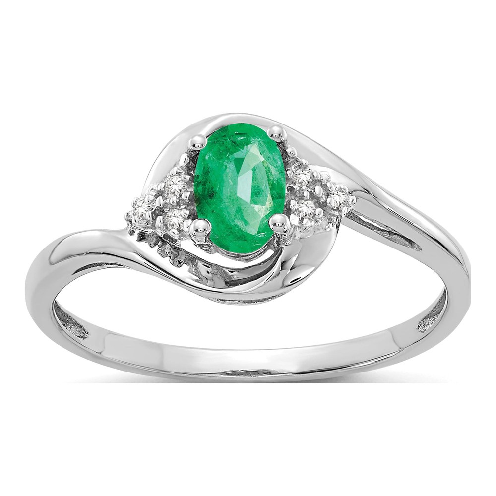 14K White Gold Genuine Emerald & Diamond Ring