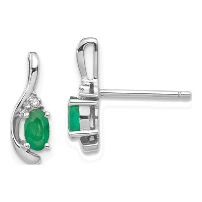 14K White Gold Emerald & Diamond Oval Dangle Earrings