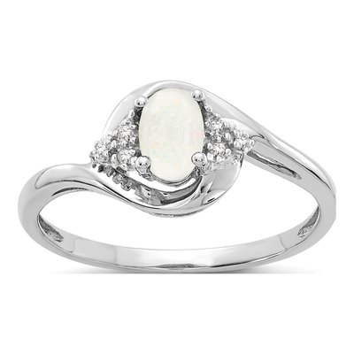 14K White Gold Opal & Diamond October Ring