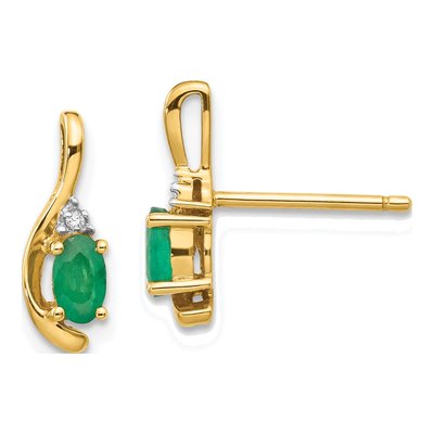 14K Yellow Gold Emerald & Diamond Oval Dangle Earrings