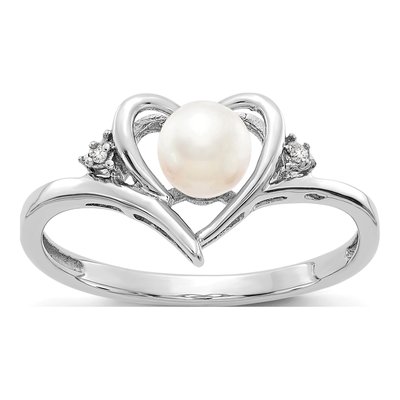 14K White Gold Pearl & Diamond Heart Ring