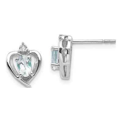 14K White Gold Oval Aquamarine & Diamond Heart Stud Earrings