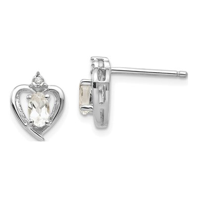 14K White Gold Oval White Topaz & Diamond Heart Stud Earrings
