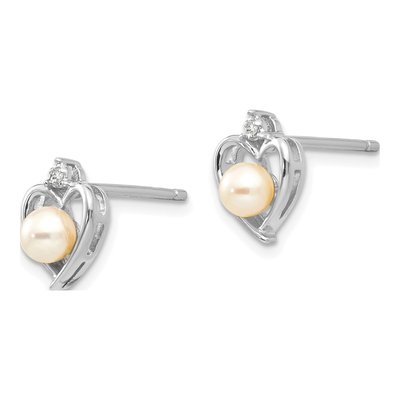 14K White Gold 1mm Round Pearl & Diamond Heart Stud Earrings – view 2