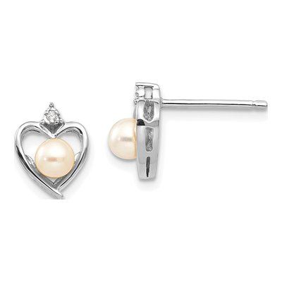 14K White Gold 1mm Round Pearl & Diamond Heart Stud Earrings