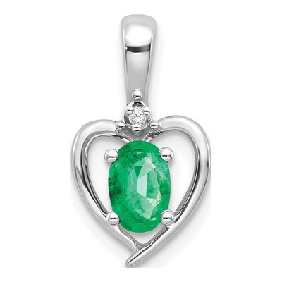 14K White Gold Emerald & Diamond Heart Pendant