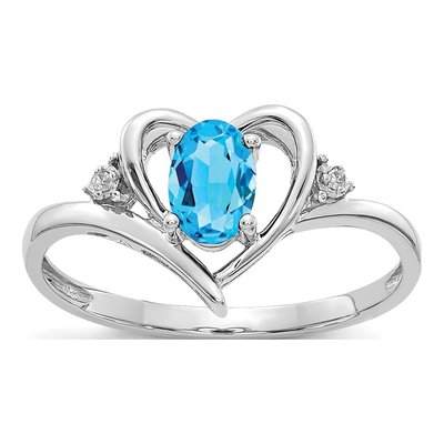 14K White Gold Swiss Blue Topaz & Diamond Heart Ring