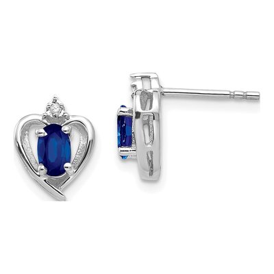 14K White Gold Oval Sapphire & Diamond Heart Stud Earrings