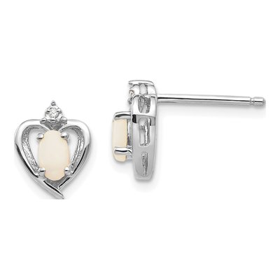 14K White Gold Oval Opal & Diamond Heart Stud Earrings