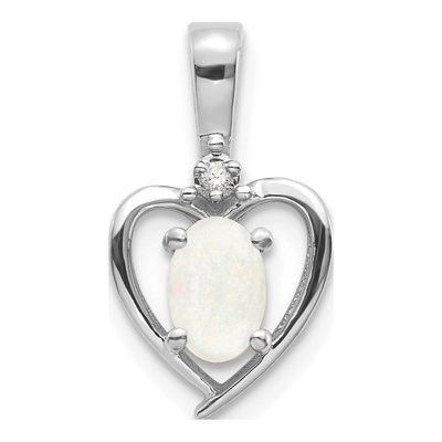 14K White Gold Opal & Diamond October Heart Pendant