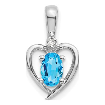 14K White Gold Swiss Blue Topaz & Diamond December Birthstone Heart Pendant