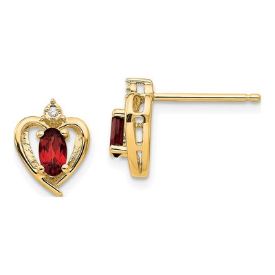 14K Yellow Gold Oval Garnet & Diamond Heart Stud Earrings