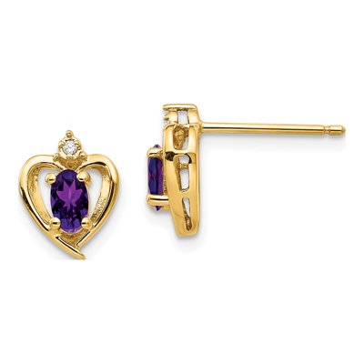14K Yellow Gold Oval Amethyst & Diamond Heart Stud Earrings
