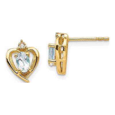 14K Yellow Gold Oval Aquamarine & Diamond Heart Stud Earrings