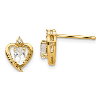 14K Yellow Gold Oval White Topaz & Diamond Heart Stud Earrings
