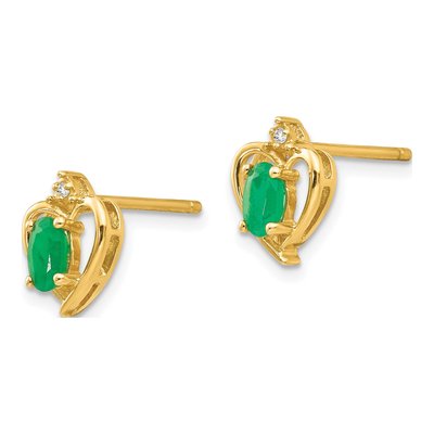 14K Yellow Gold Oval Emerald & Diamond Heart Stud Earrings – view 2
