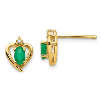 14K Yellow Gold Oval Emerald & Diamond Heart Stud Earrings