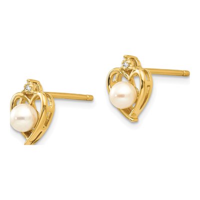 14K Yellow Gold 1mm Round Pearl & Diamond Heart Stud Earrings – view 2