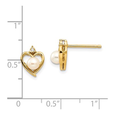 14K Yellow Gold 1mm Round Pearl & Diamond Heart Stud Earrings – view 4