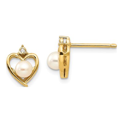 14K Yellow Gold 1mm Round Pearl & Diamond Heart Stud Earrings