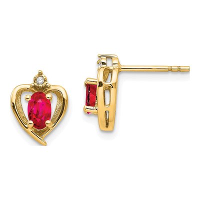 14K Yellow Gold Oval Ruby & Diamond Heart Stud Earrings