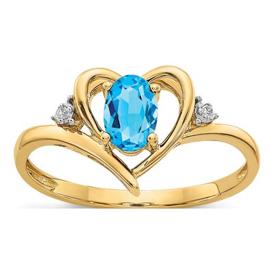 14K Yellow Gold Swiss Blue Topaz & Diamond Heart Ring