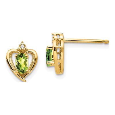 14K Yellow Gold Oval Peridot & Diamond Heart Stud Earrings