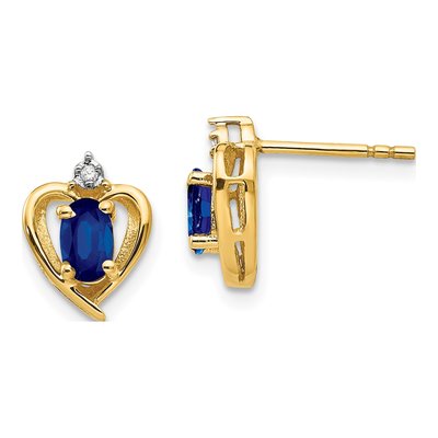 14K Yellow Gold Oval Sapphire & Diamond Heart Stud Earrings