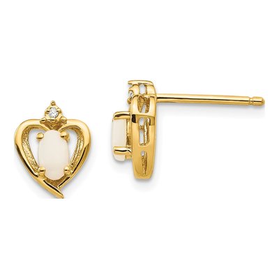 14K Yellow Gold Oval Opal & Diamond Heart Stud Earrings