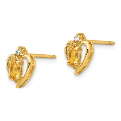 14K Yellow Gold Oval Citrine & Diamond Heart Stud Earrings – view 2