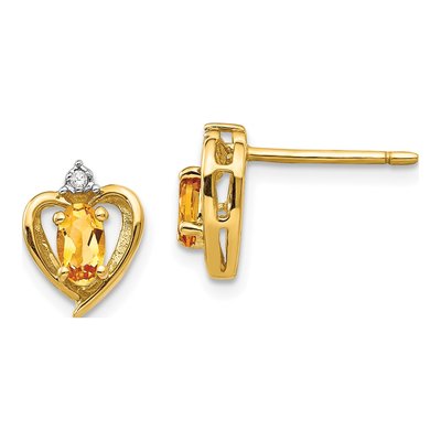 14K Yellow Gold Oval Citrine & Diamond Heart Stud Earrings