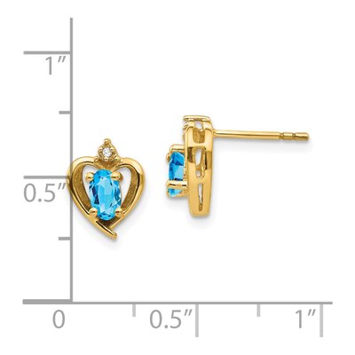 14K Yellow Gold Oval Swiss Blue Topaz & Diamond Heart Stud Earrings – view 4