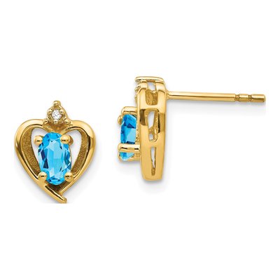 14K Yellow Gold Oval Swiss Blue Topaz & Diamond Heart Stud Earrings