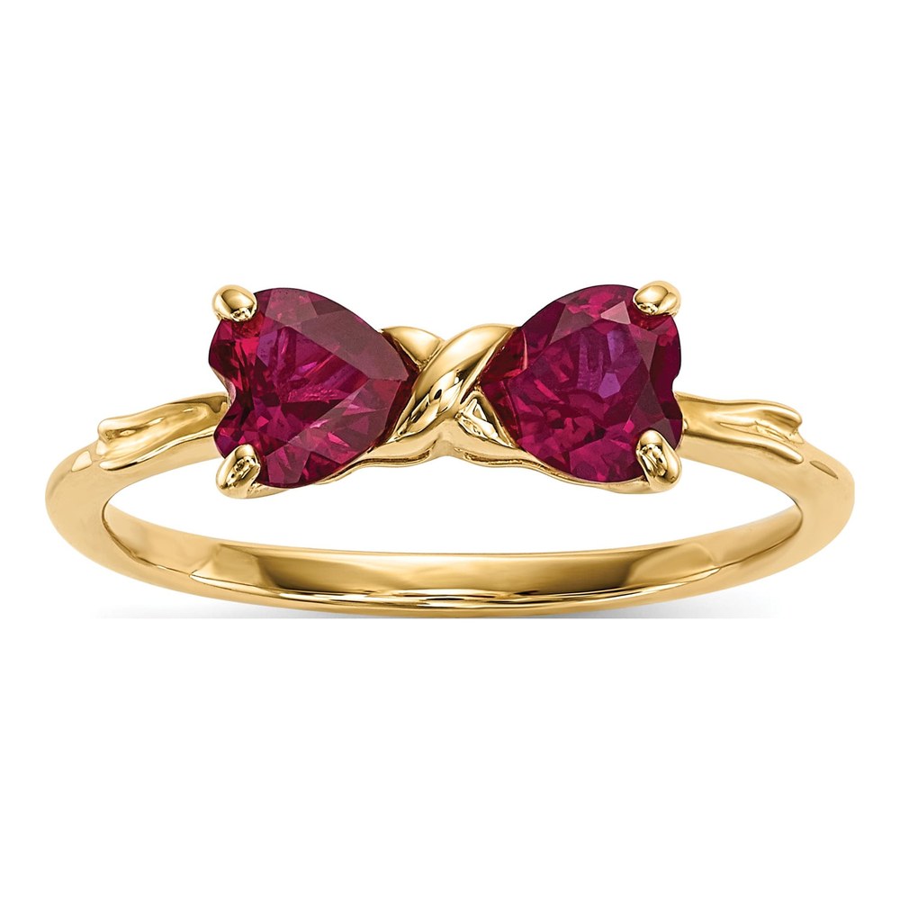 14K Yellow Gold Lab-Created Ruby Heart Bow Ring