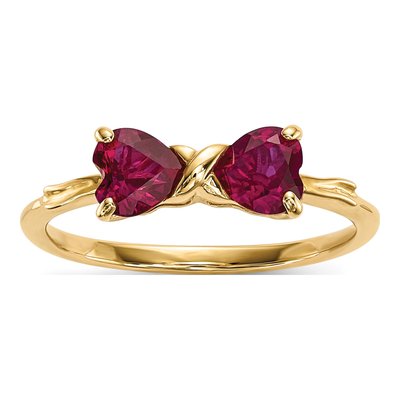 14K Yellow Gold Lab-Created Ruby Heart Bow Ring