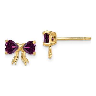 14K Yellow Gold 4mm Heart Rhodolite Garnet Bow Stud Earrings