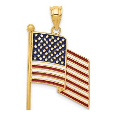 14K Yellow Gold Enameled American Flag Pendant
