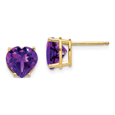 14K Yellow Gold 8mm Amethyst Heart Stud Earrings