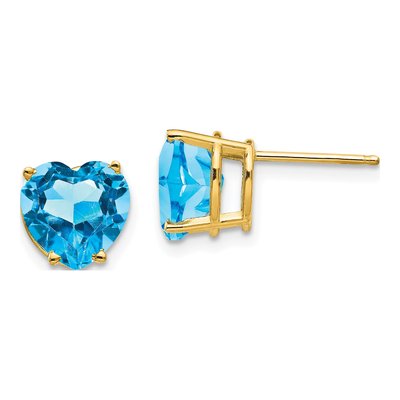 14K Yellow Gold 8mm Swiss Blue Topaz Heart Stud Earrings