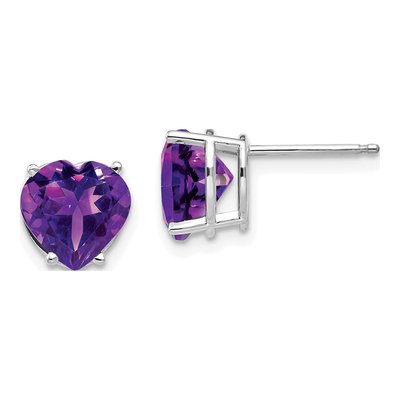 14K White Gold 8mm Amethyst Heart Stud Earrings
