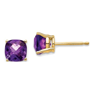 14K Yellow Gold 6mm Amethyst Cushion Stud Earrings