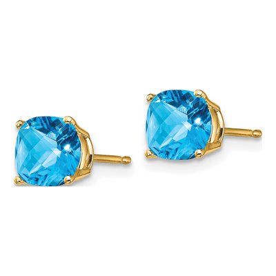14K Yellow Gold 6mm Cushion Swiss Blue Topaz Checkerboard Stud Earrings – view 2