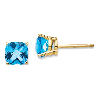 14K Yellow Gold 6mm Cushion Swiss Blue Topaz Checkerboard Stud Earrings