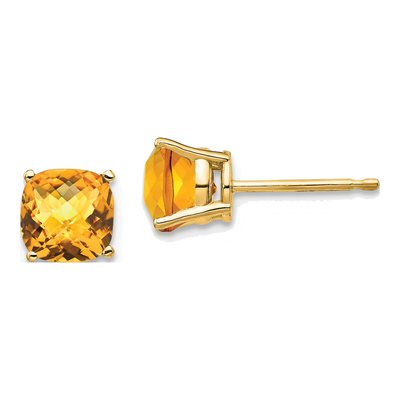 14K Yellow Gold 6mm Citrine Cushion Stud Earrings